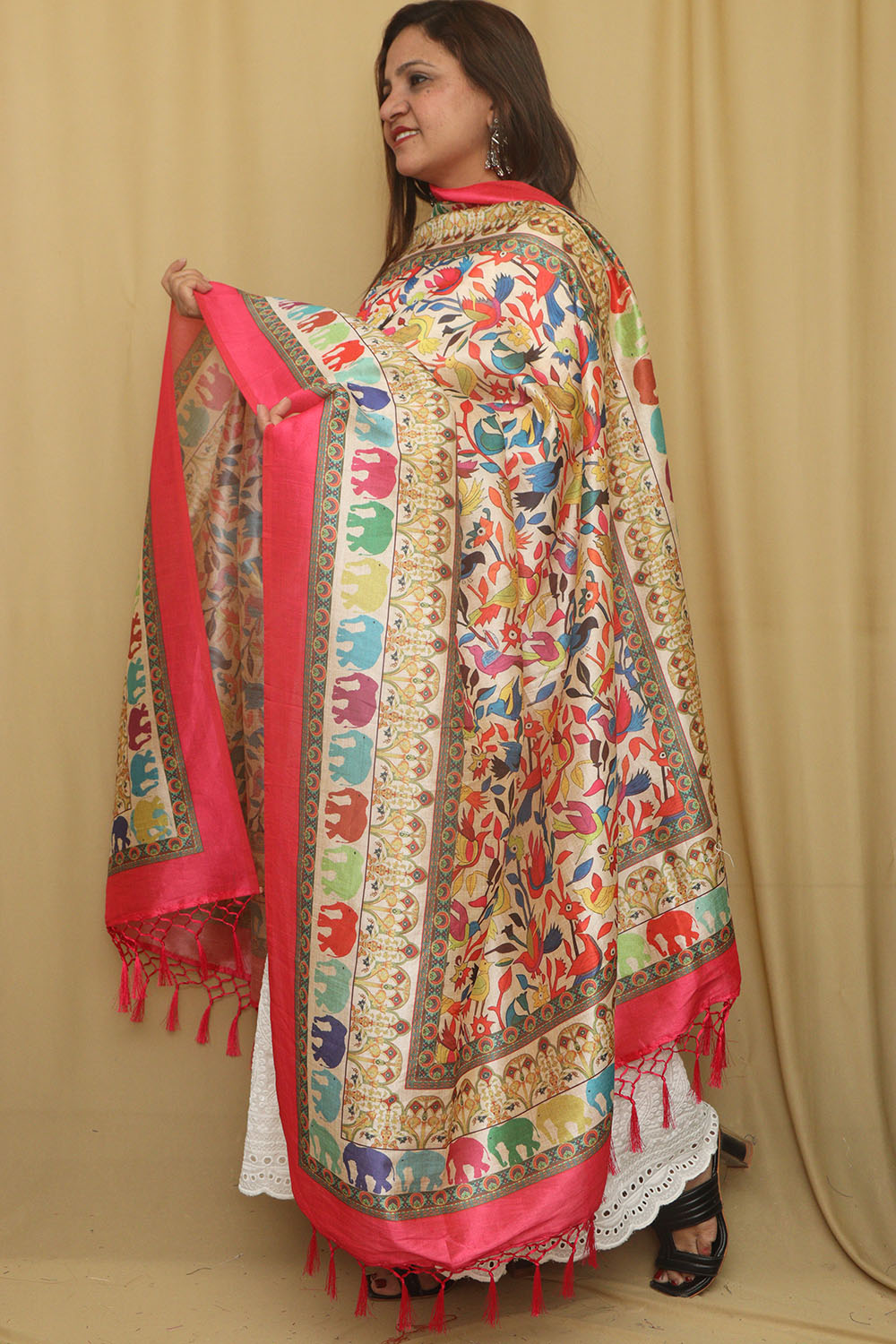 Multicolor Digital Printed Art Silk Bird And Flower Design Dupatta - Luxurion World