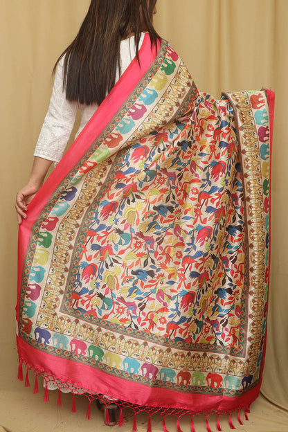 Multicolor Digital Printed Art Silk Bird And Flower Design Dupatta - Luxurion World