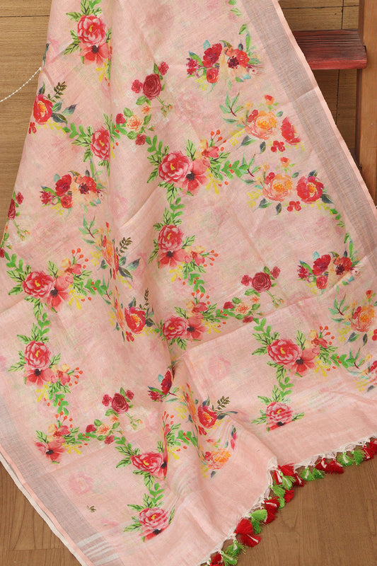 Pink Digital Printed Linen Floral Design Dupatta - Luxurion World
