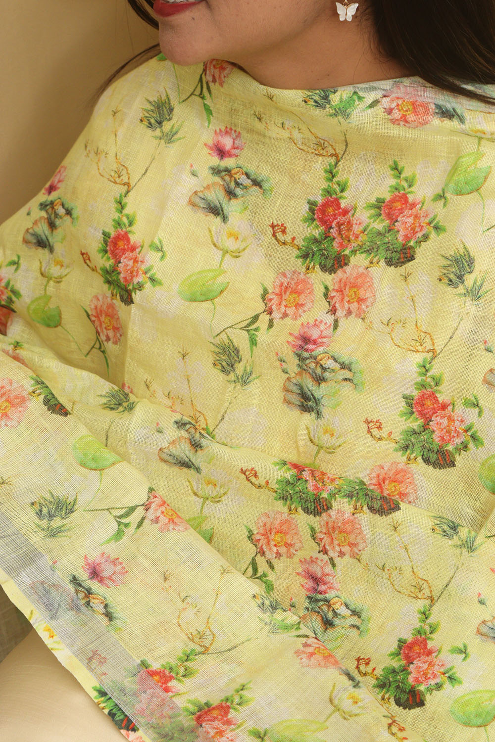 Yellow Digital Printed Linen Floral Design Dupatta - Luxurion World