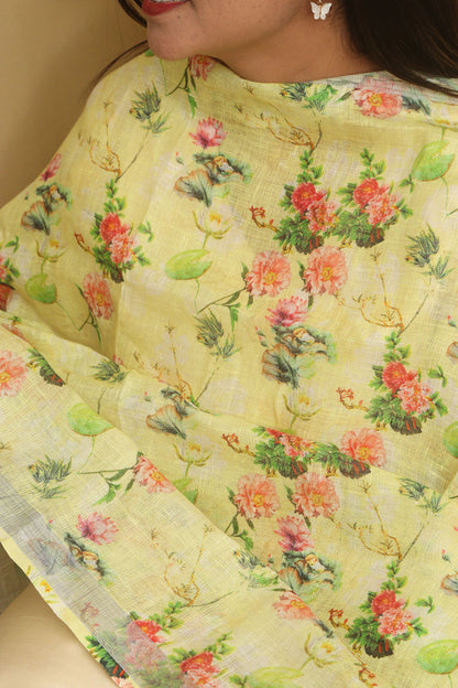 Yellow Digital Printed Linen Floral Design Dupatta - Luxurion World