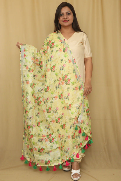 Yellow Digital Printed Linen Floral Design Dupatta - Luxurion World