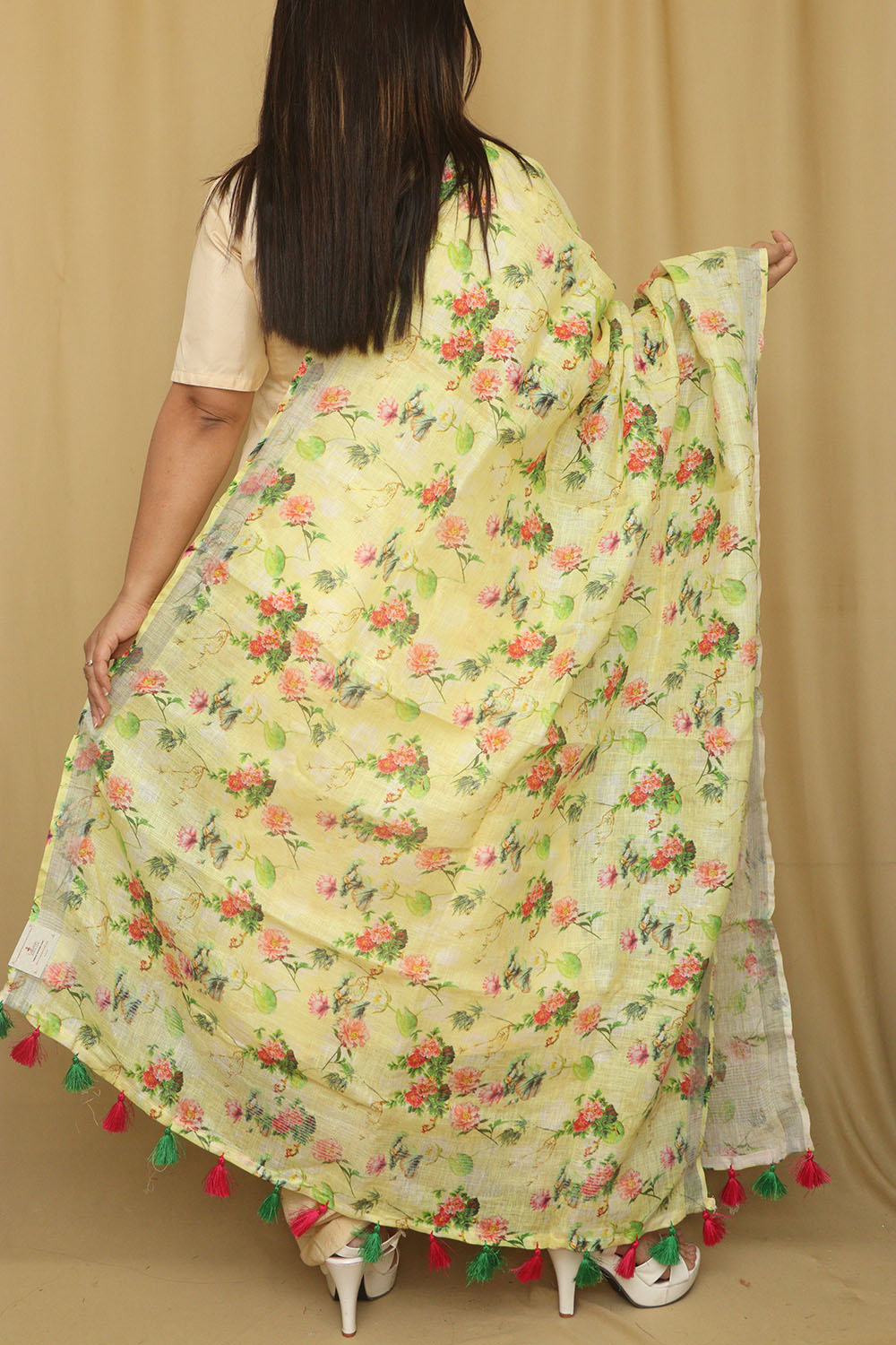 Yellow Digital Printed Linen Floral Design Dupatta - Luxurion World