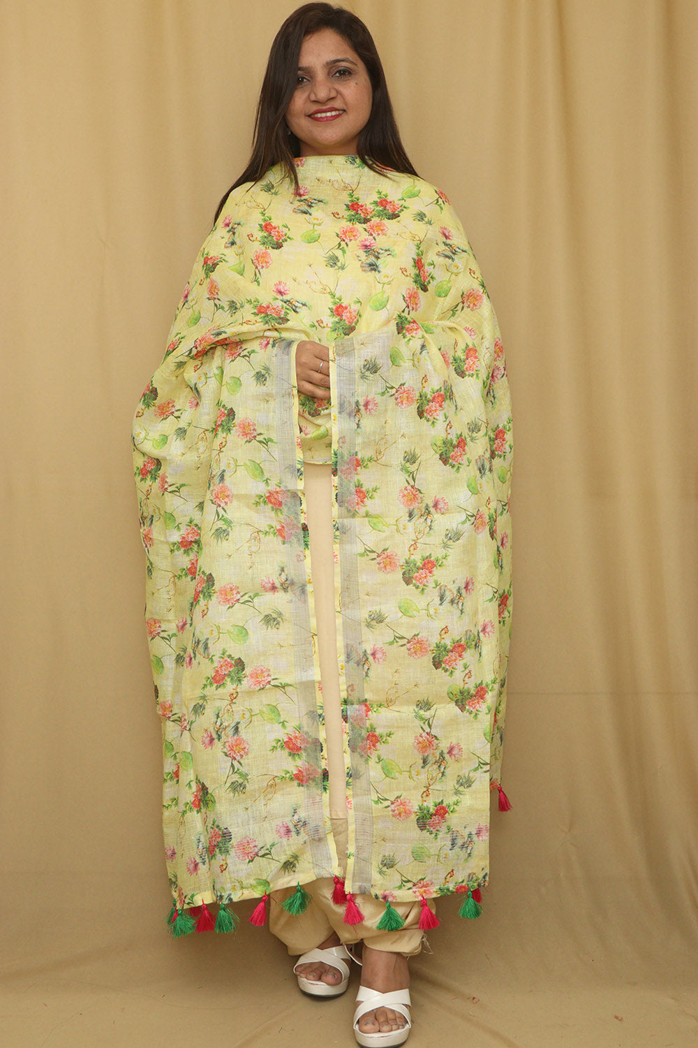 Yellow Digital Printed Linen Floral Design Dupatta - Luxurion World