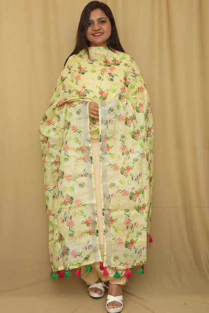 Yellow Digital Printed Linen Floral Design Dupatta - Luxurion World