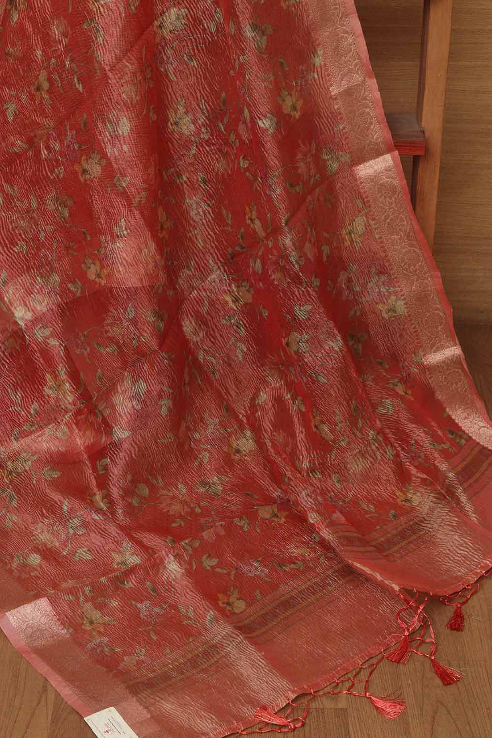 Peach Pink Digital Printed Crushed Tissue Floral Design Dupatta - Luxurion World