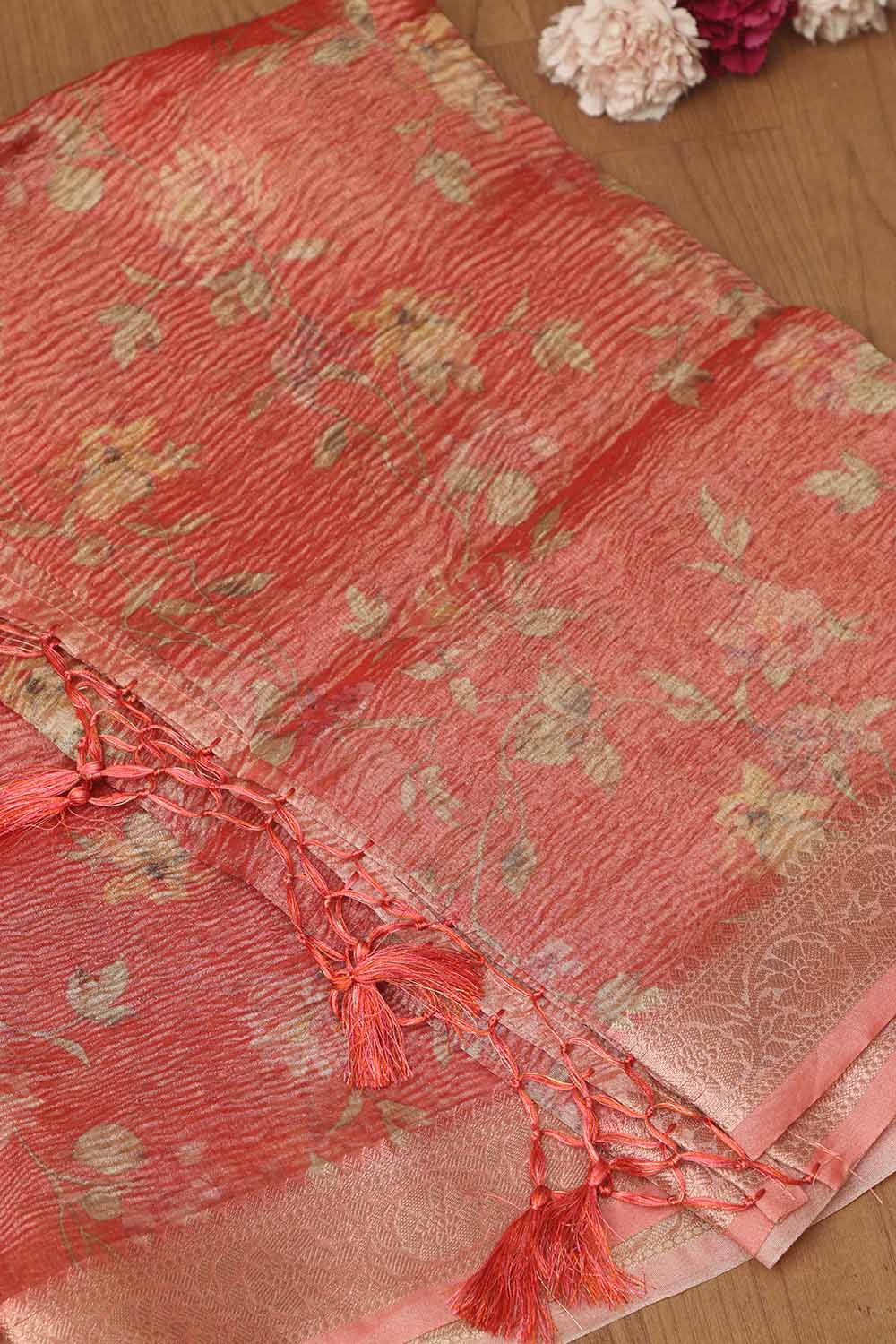 Peach Pink Digital Printed Crushed Tissue Floral Design Dupatta - Luxurion World