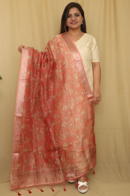 Peach Pink Digital Printed Crushed Tissue Floral Design Dupatta - Luxurion World