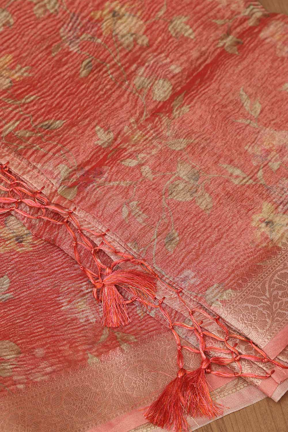 Peach Pink Digital Printed Crushed Tissue Floral Design Dupatta - Luxurion World
