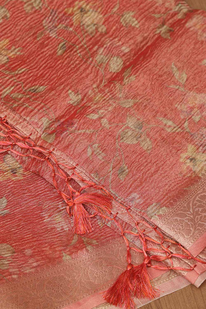 Peach Pink Digital Printed Crushed Tissue Floral Design Dupatta - Luxurion World
