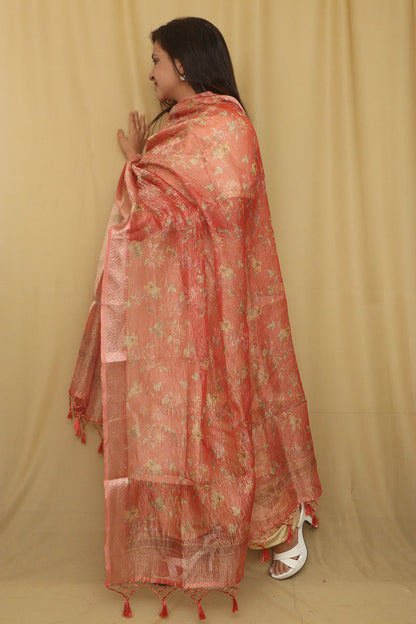 Peach Pink Digital Printed Crushed Tissue Floral Design Dupatta - Luxurion World