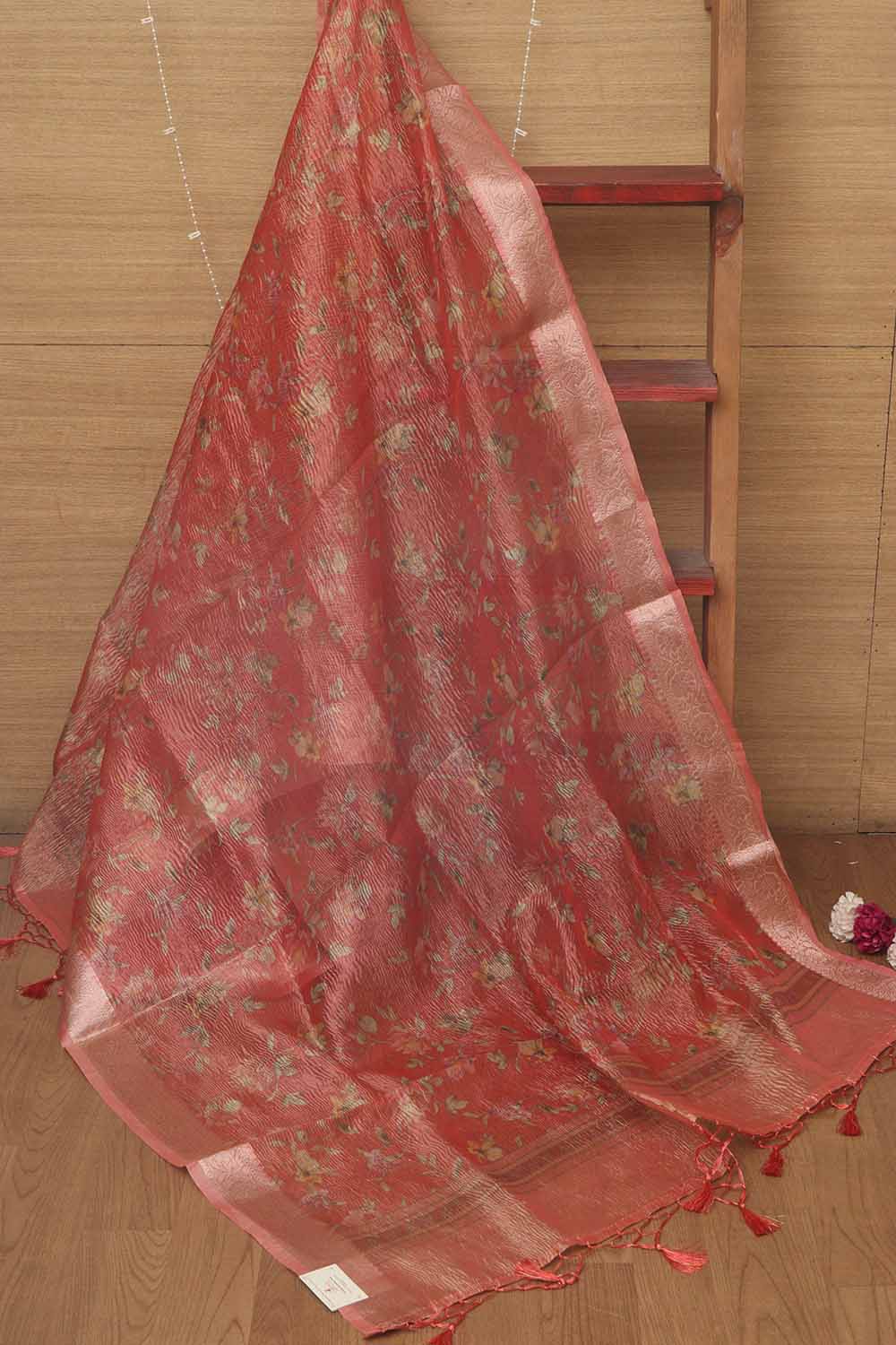 Peach Pink Digital Printed Crushed Tissue Floral Design Dupatta - Luxurion World
