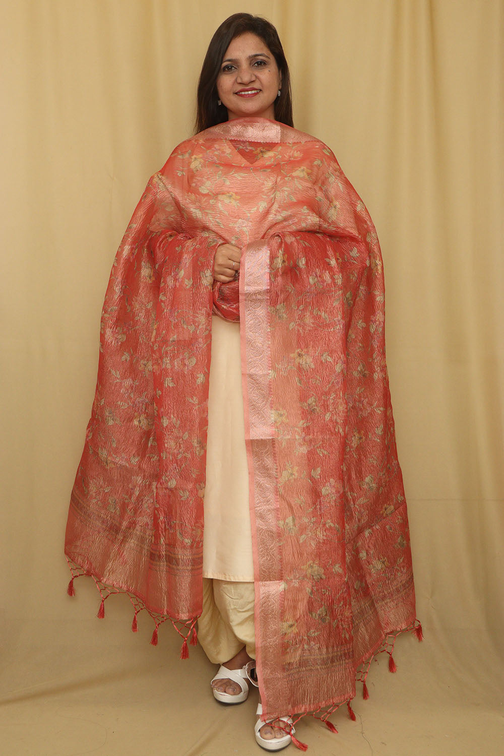 Peach Pink Digital Printed Crushed Tissue Floral Design Dupatta - Luxurion World
