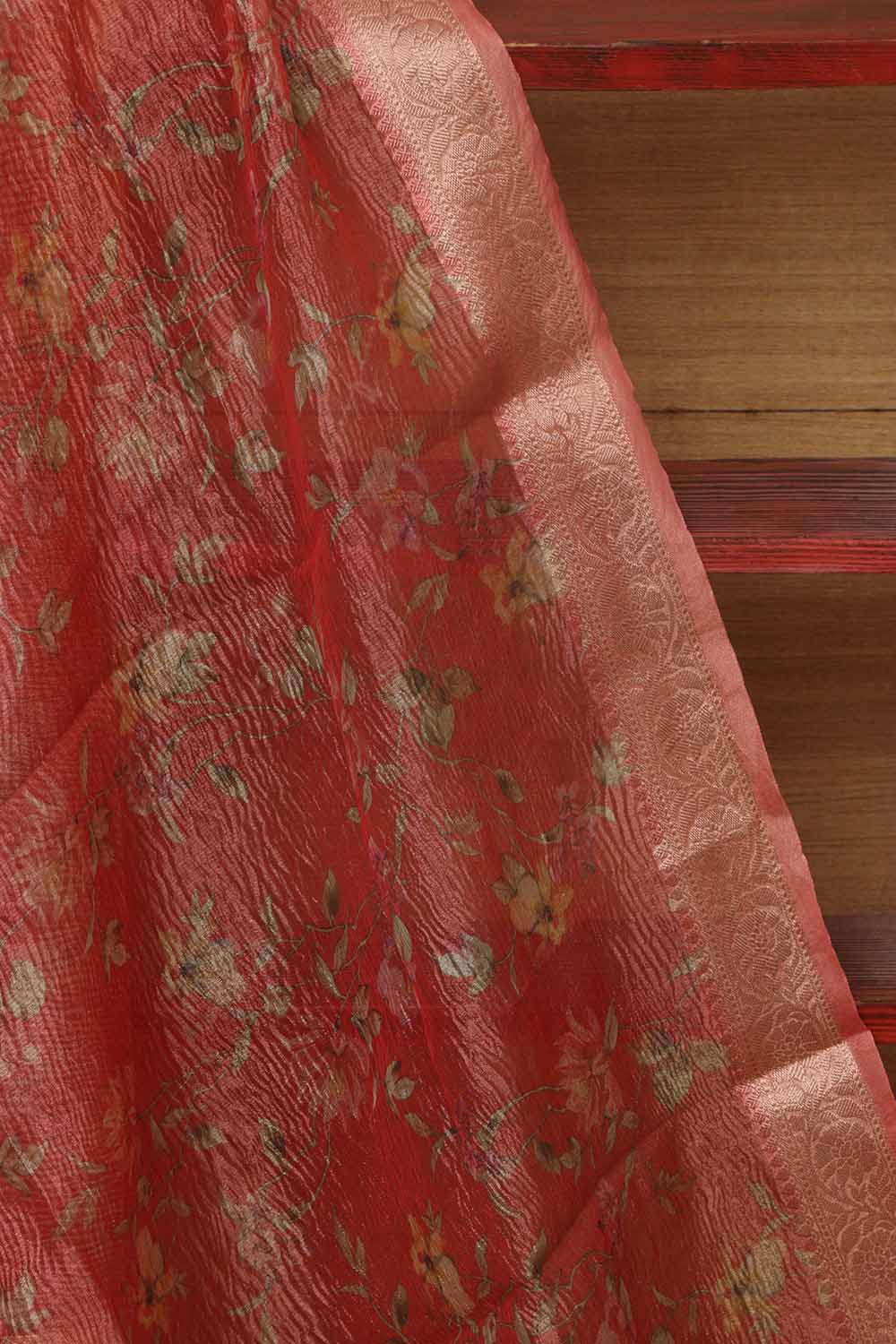 Peach Pink Digital Printed Crushed Tissue Floral Design Dupatta - Luxurion World