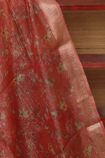 Peach Pink Digital Printed Crushed Tissue Floral Design Dupatta - Luxurion World