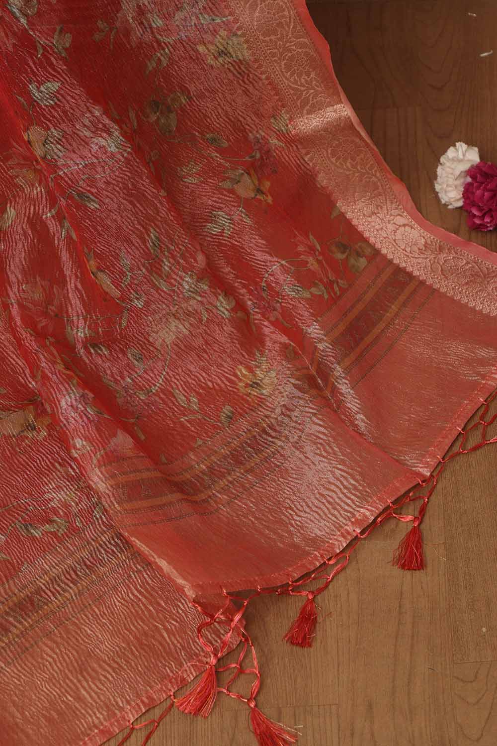 Peach Pink Digital Printed Crushed Tissue Floral Design Dupatta - Luxurion World
