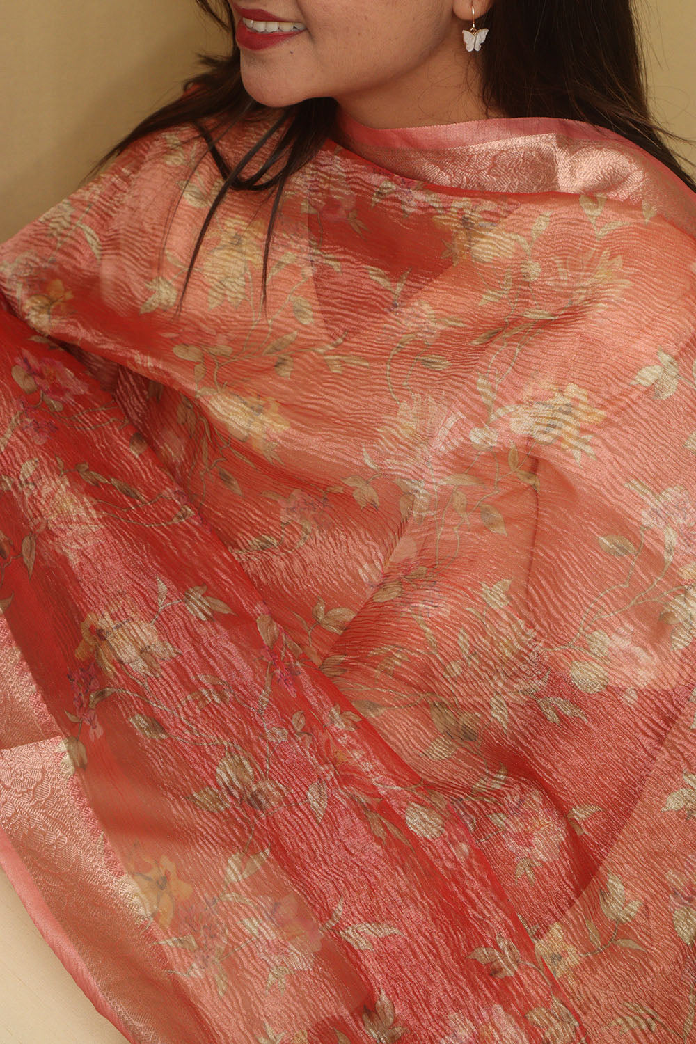 Peach Pink Digital Printed Crushed Tissue Floral Design Dupatta - Luxurion World