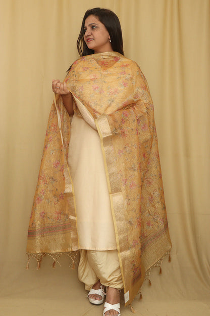 Yellow Digital Printed Crushed Tissue Floral Design Dupatta - Luxurion World