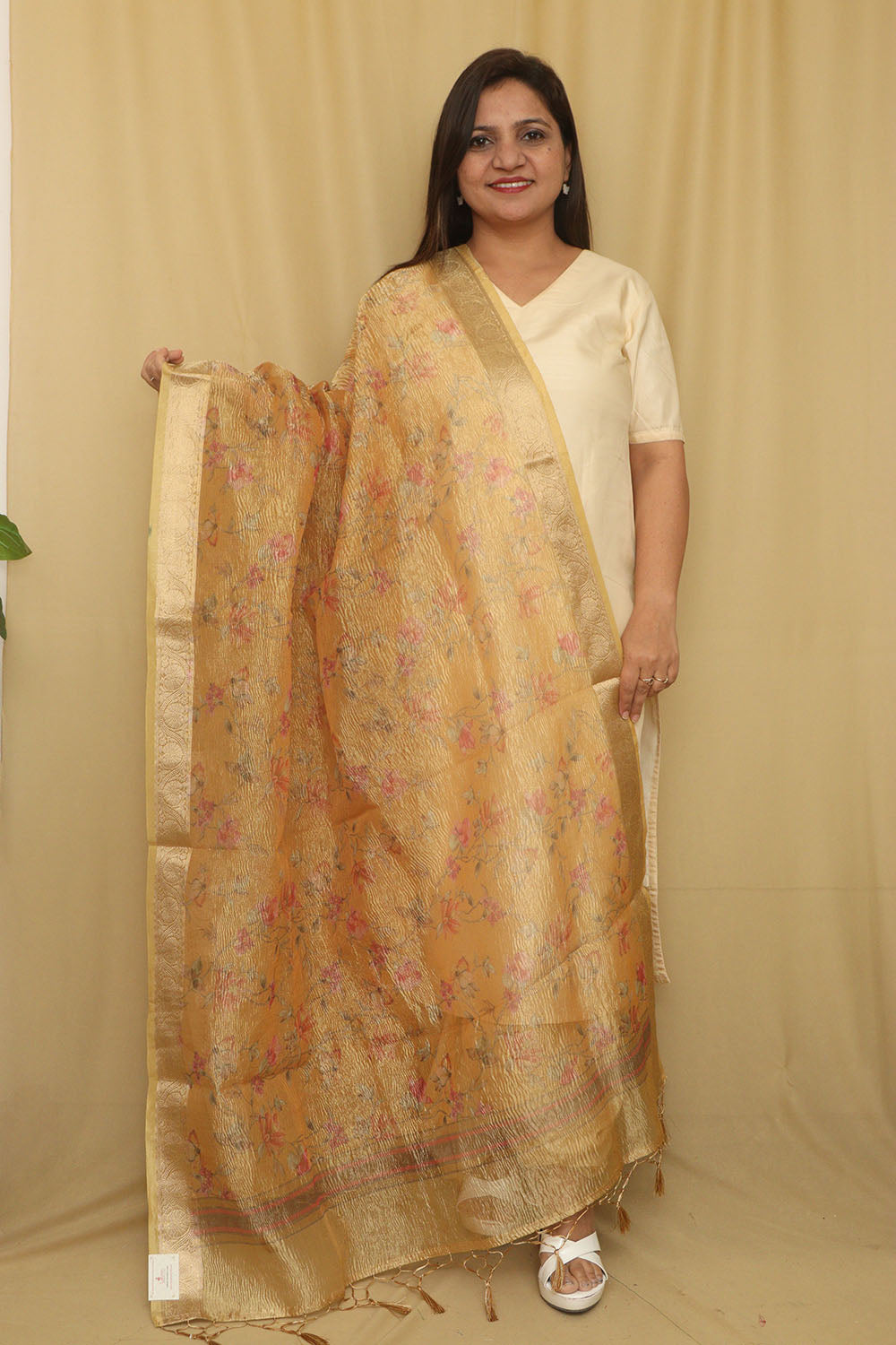 Yellow Digital Printed Crushed Tissue Floral Design Dupatta - Luxurion World