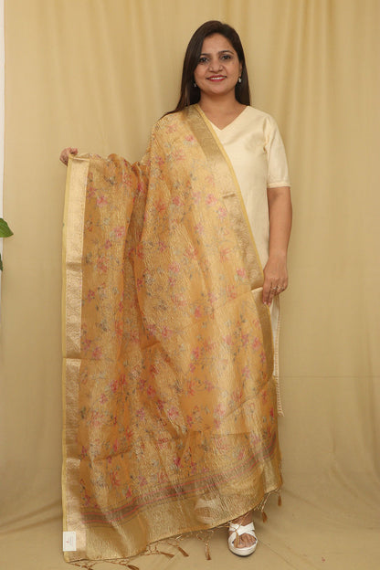 Yellow Digital Printed Crushed Tissue Floral Design Dupatta - Luxurion World