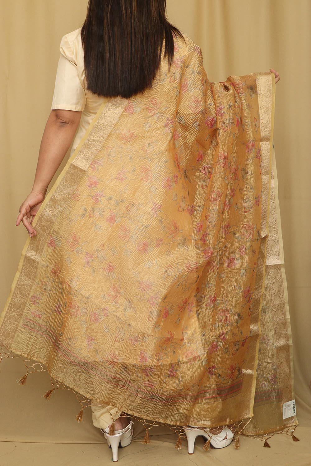 Yellow Digital Printed Crushed Tissue Floral Design Dupatta - Luxurion World