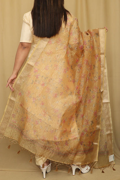 Yellow Digital Printed Crushed Tissue Floral Design Dupatta - Luxurion World