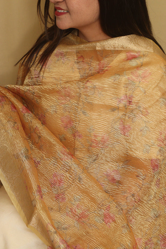 Yellow Digital Printed Crushed Tissue Floral Design Dupatta - Luxurion World