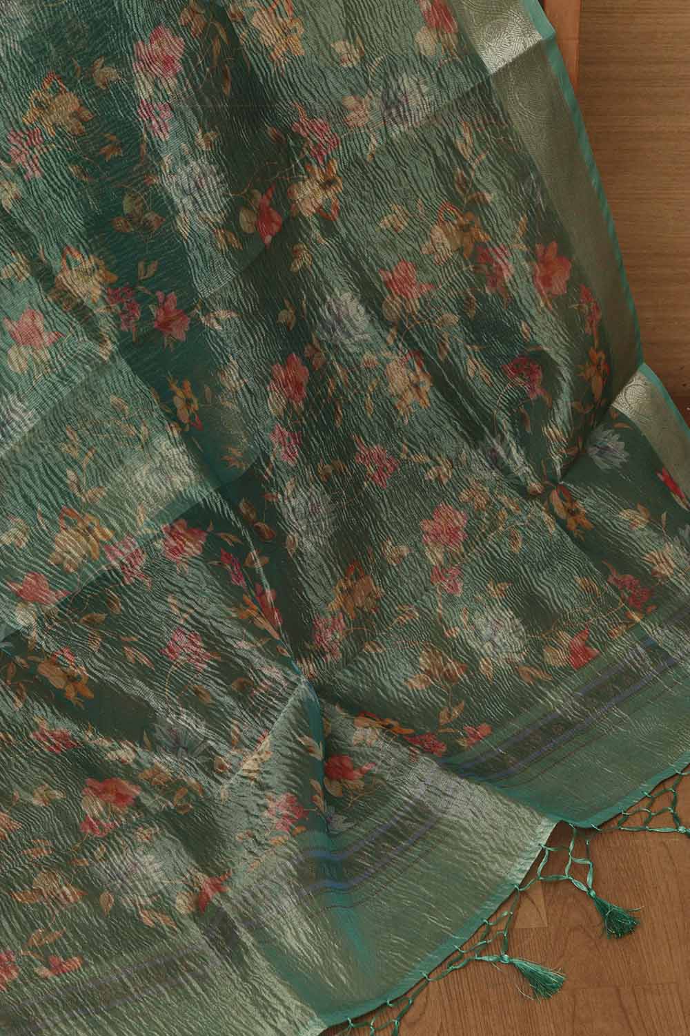 Green Digital Printed Crushed Tissue Floral Design Dupatta - Luxurion World