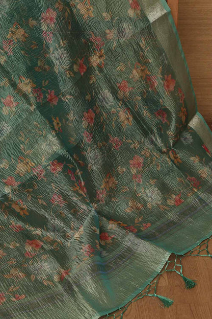 Green Digital Printed Crushed Tissue Floral Design Dupatta - Luxurion World