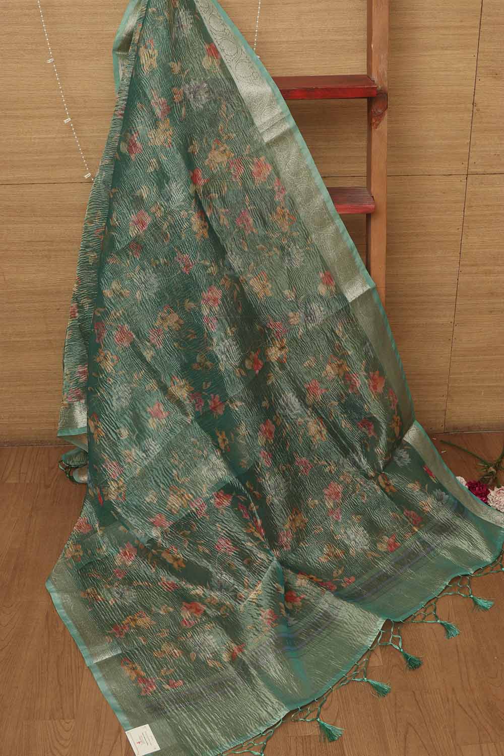Green Digital Printed Crushed Tissue Floral Design Dupatta - Luxurion World