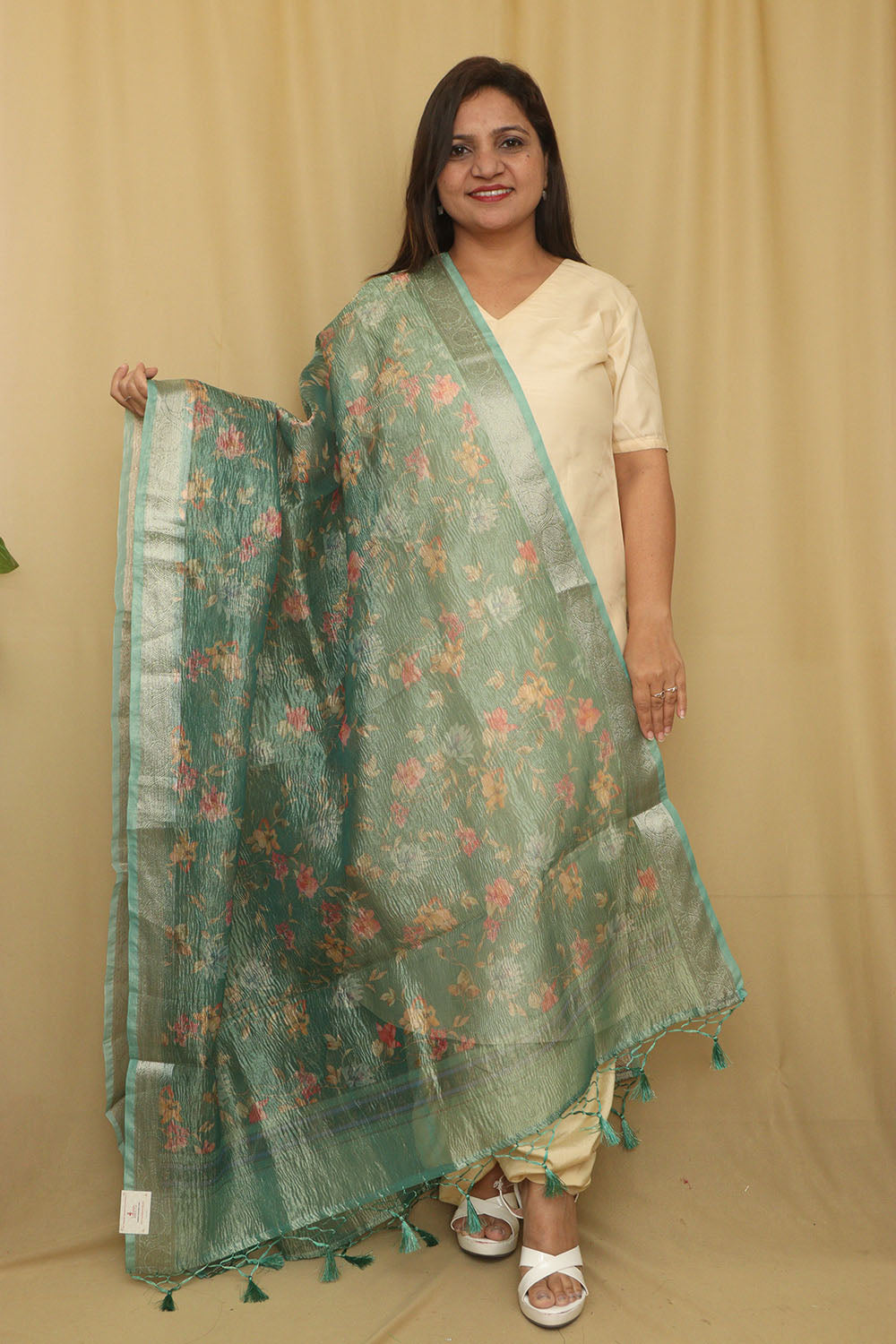 Green Digital Printed Crushed Tissue Floral Design Dupatta - Luxurion World