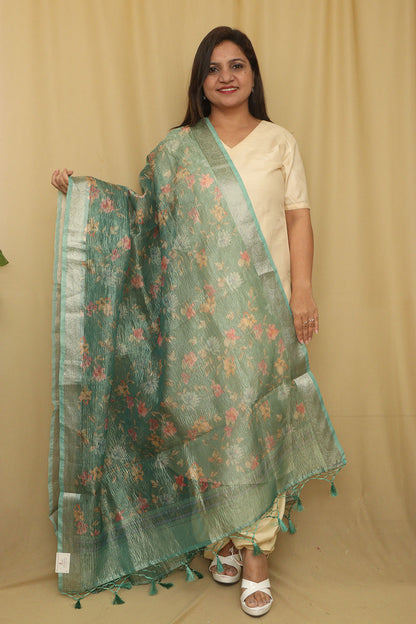 Green Digital Printed Crushed Tissue Floral Design Dupatta - Luxurion World