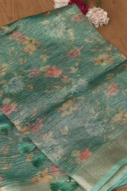 Green Digital Printed Crushed Tissue Floral Design Dupatta - Luxurion World