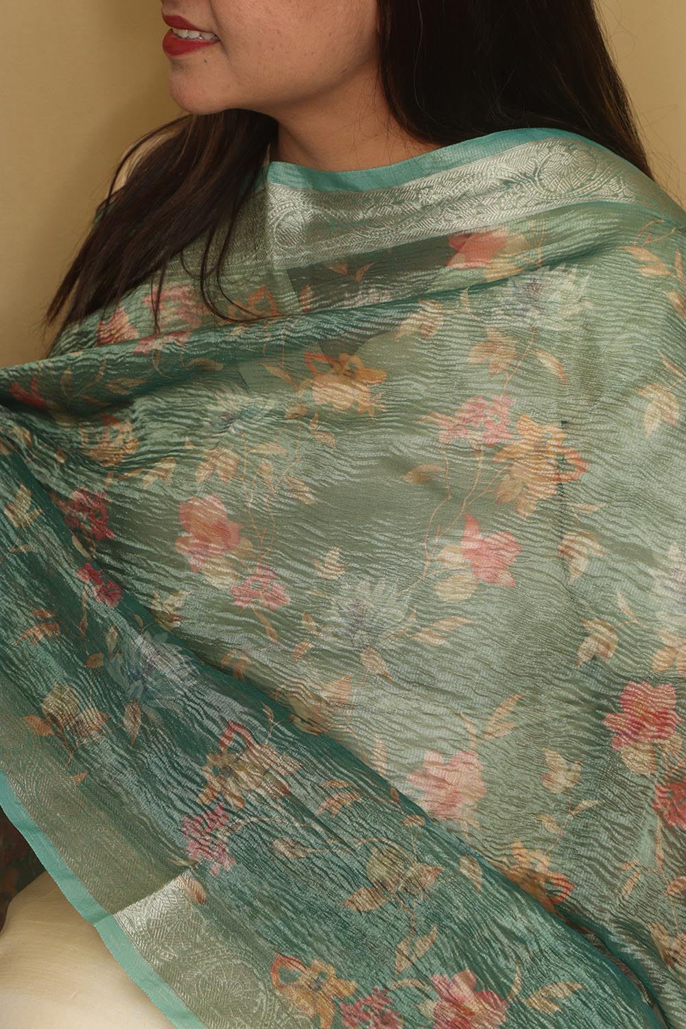 Green Digital Printed Crushed Tissue Floral Design Dupatta - Luxurion World