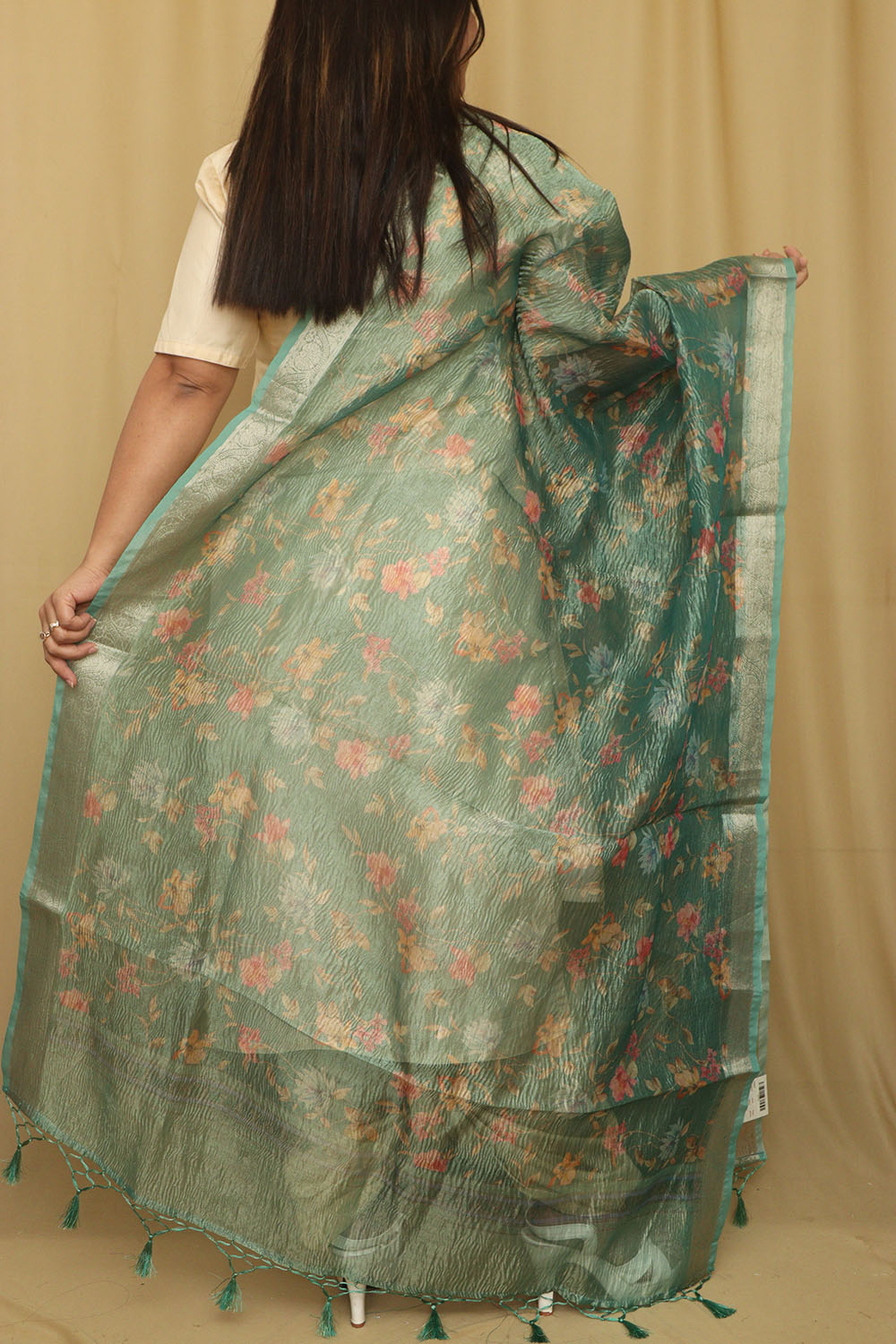 Green Digital Printed Crushed Tissue Floral Design Dupatta - Luxurion World