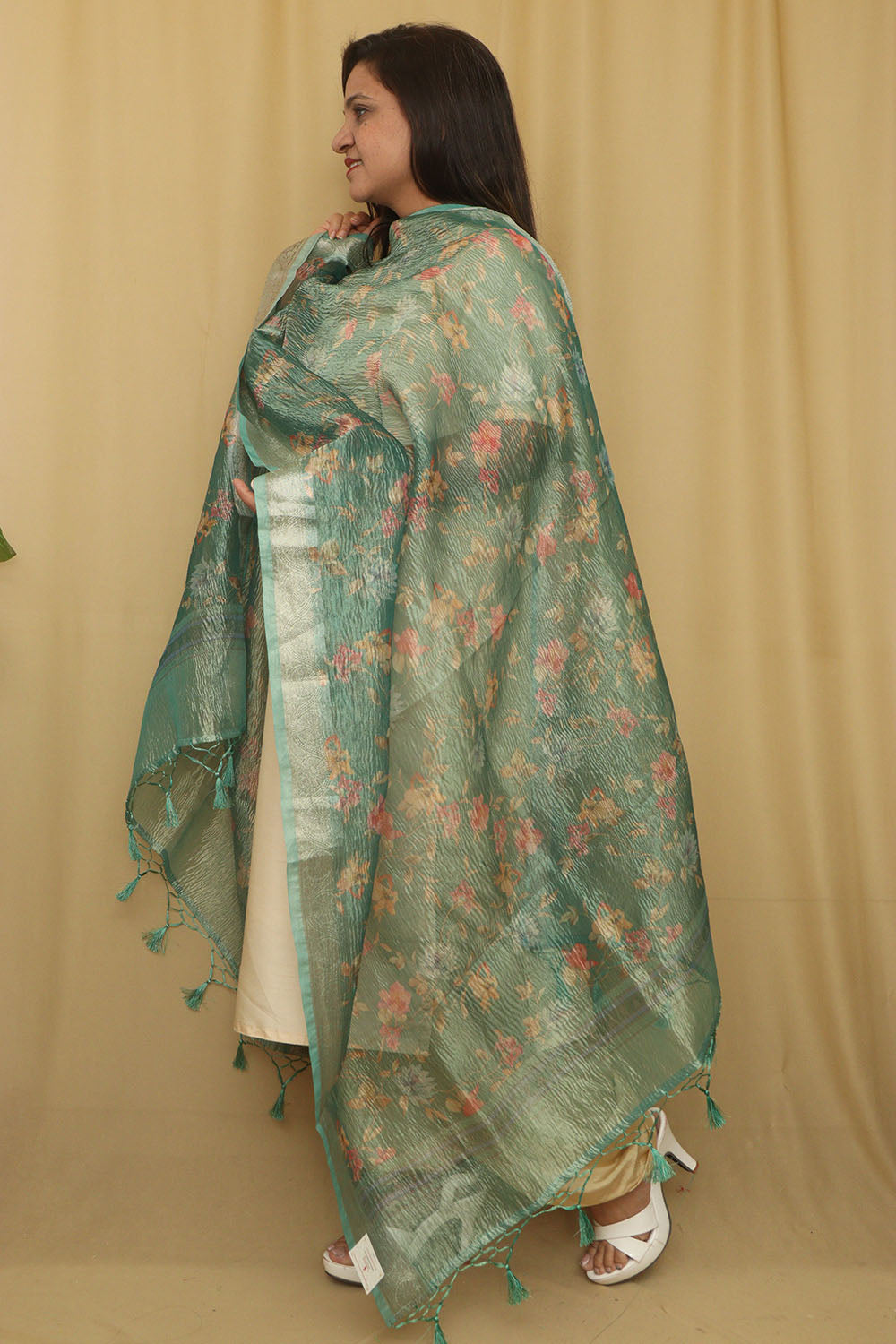 Green Digital Printed Crushed Tissue Floral Design Dupatta - Luxurion World
