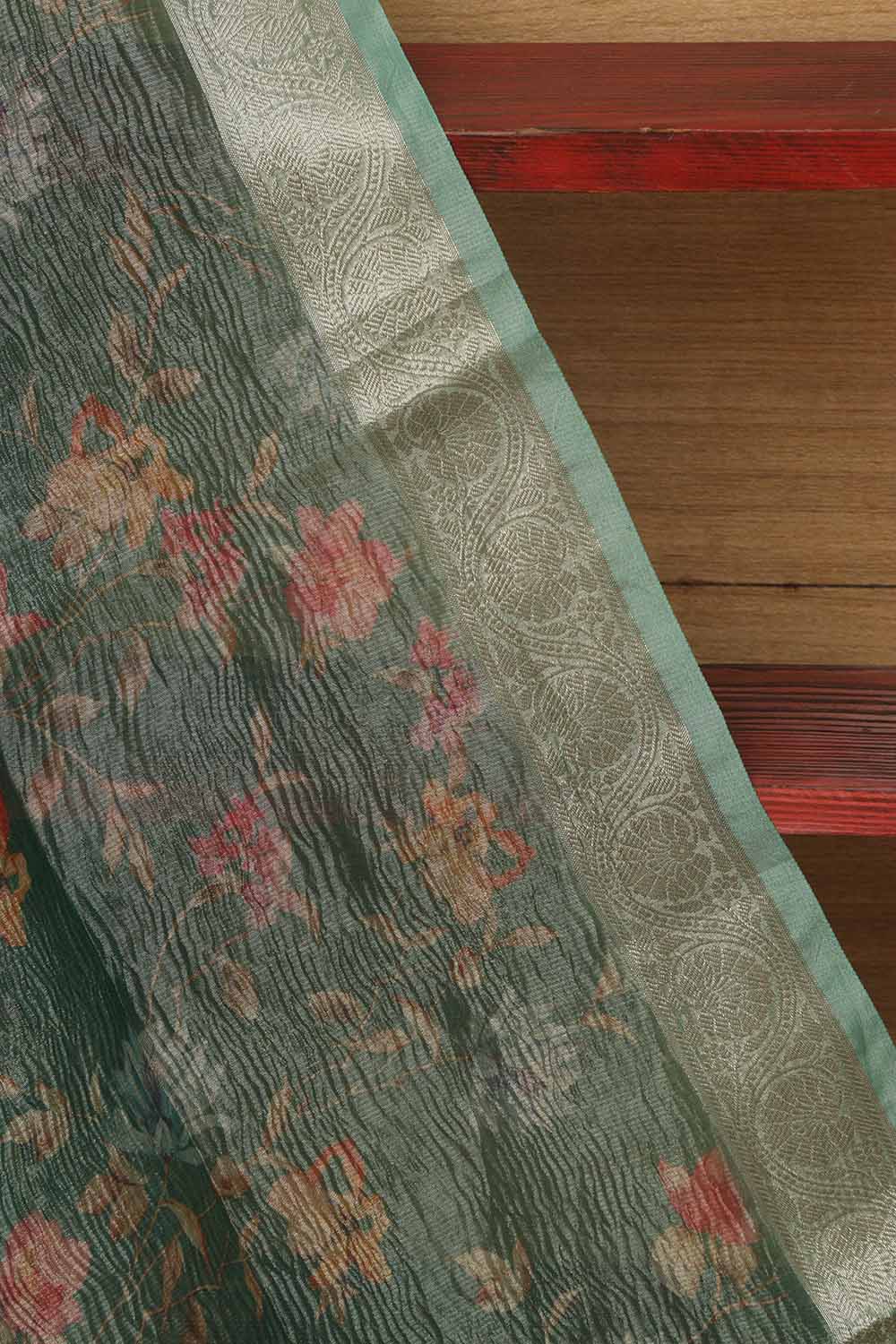 Green Digital Printed Crushed Tissue Floral Design Dupatta - Luxurion World