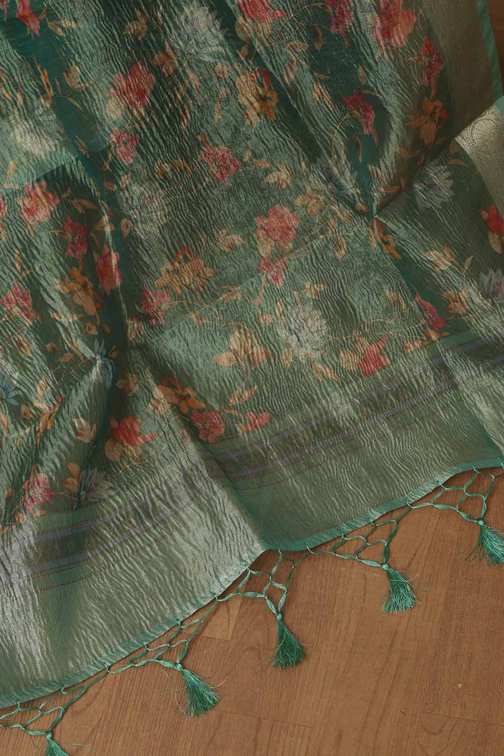 Green Digital Printed Crushed Tissue Floral Design Dupatta - Luxurion World