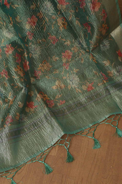 Green Digital Printed Crushed Tissue Floral Design Dupatta - Luxurion World