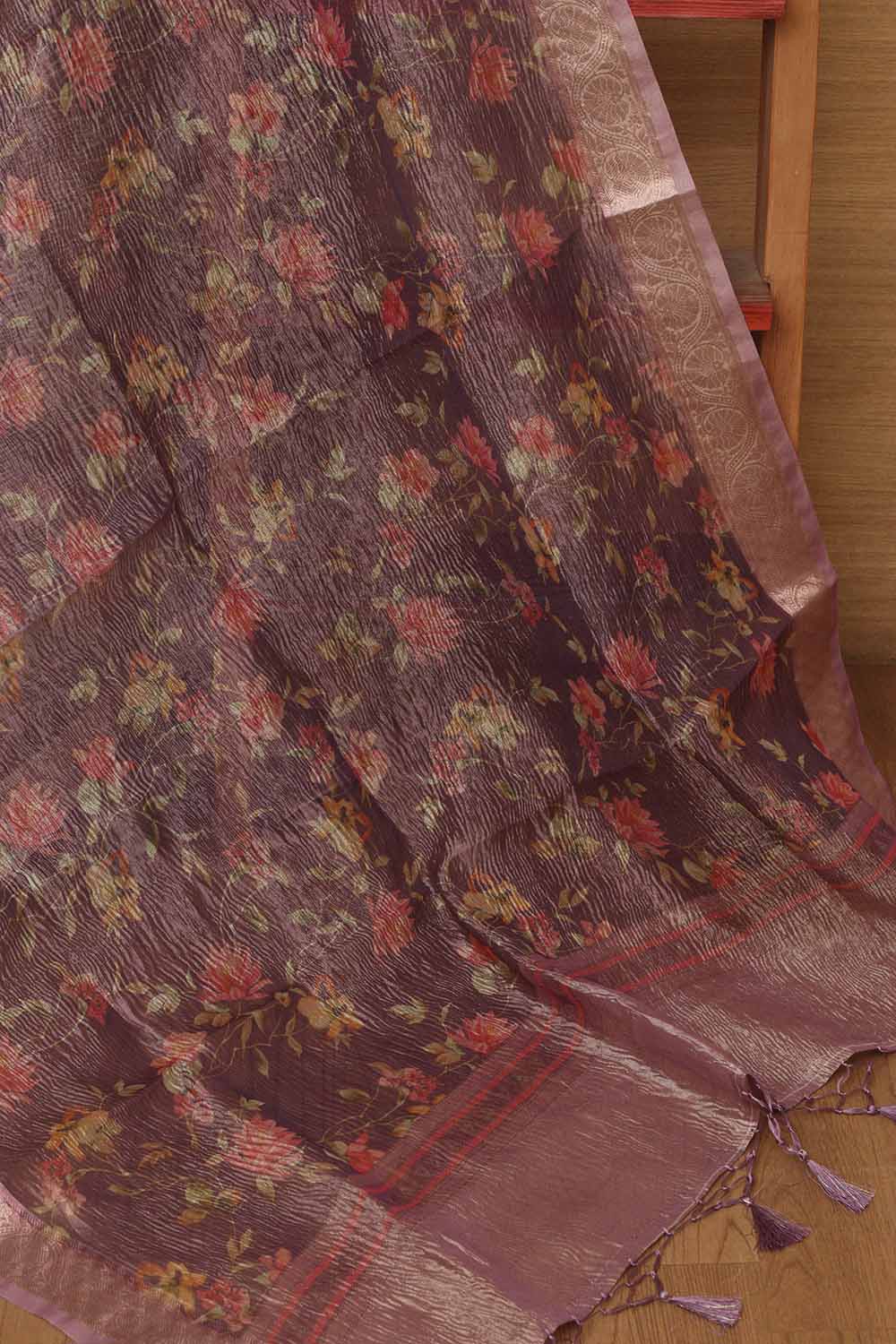 Purple Digital Printed Crushed Tissue Floral Design Dupatta - Luxurion World