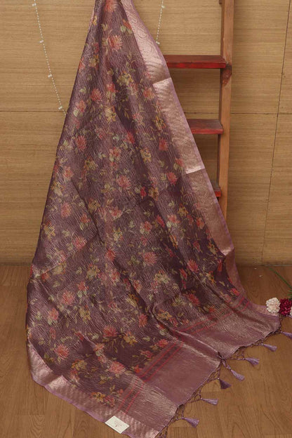 Purple Digital Printed Crushed Tissue Floral Design Dupatta - Luxurion World