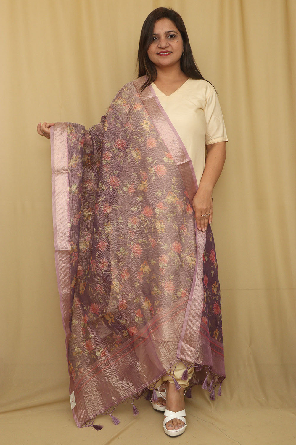Purple Digital Printed Crushed Tissue Floral Design Dupatta - Luxurion World