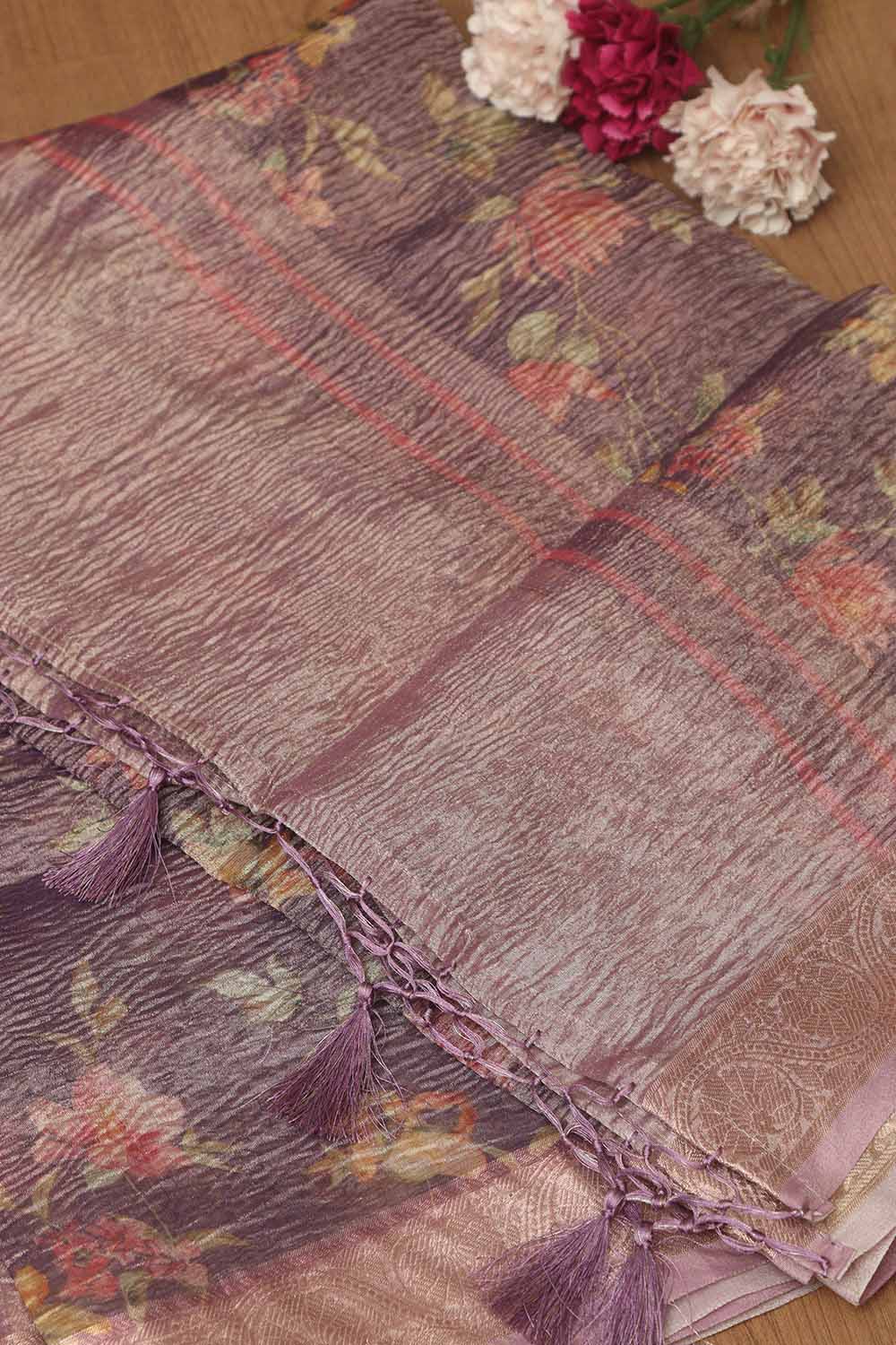 Purple Digital Printed Crushed Tissue Floral Design Dupatta - Luxurion World