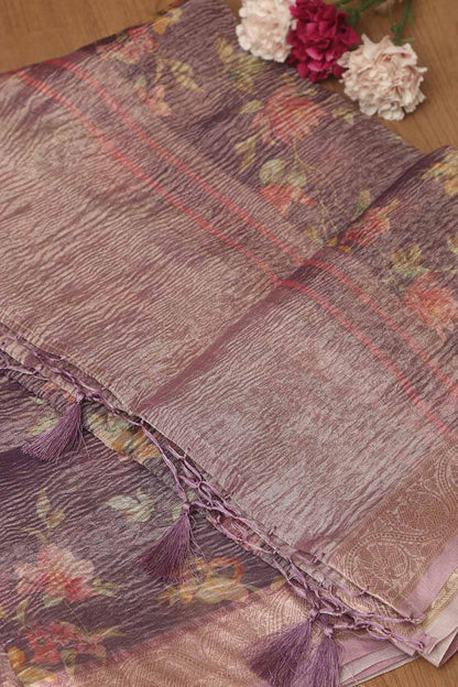 Purple Digital Printed Crushed Tissue Floral Design Dupatta - Luxurion World
