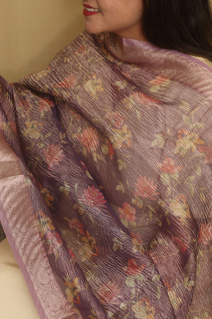Purple Digital Printed Crushed Tissue Floral Design Dupatta - Luxurion World