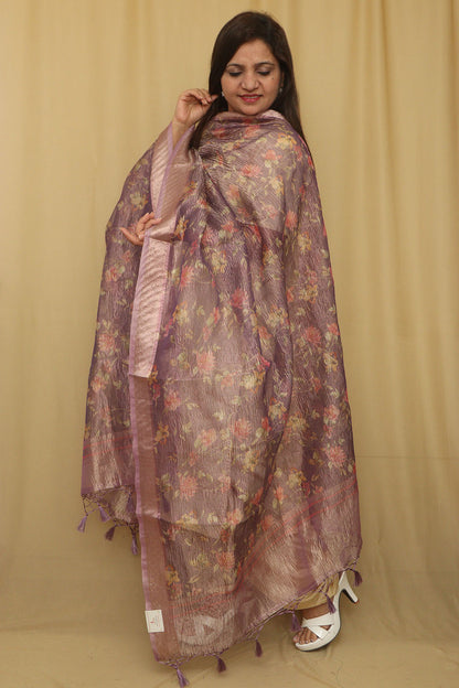 Purple Digital Printed Crushed Tissue Floral Design Dupatta - Luxurion World