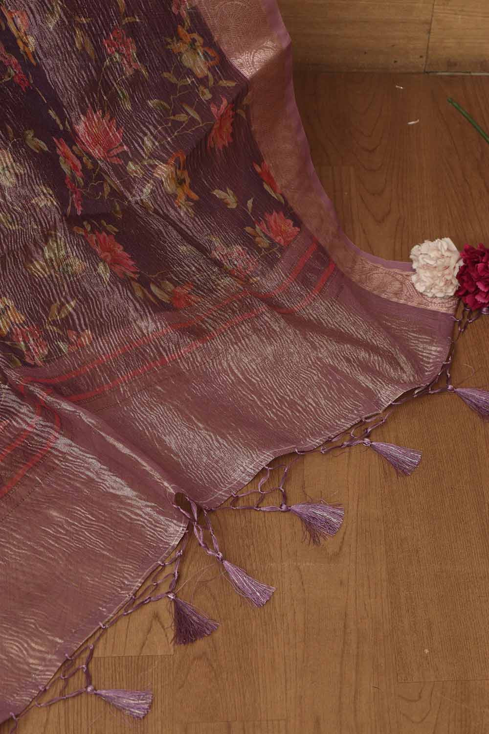 Purple Digital Printed Crushed Tissue Floral Design Dupatta - Luxurion World