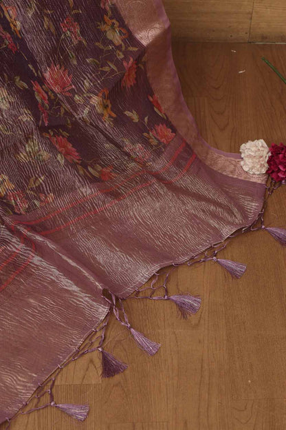 Purple Digital Printed Crushed Tissue Floral Design Dupatta - Luxurion World