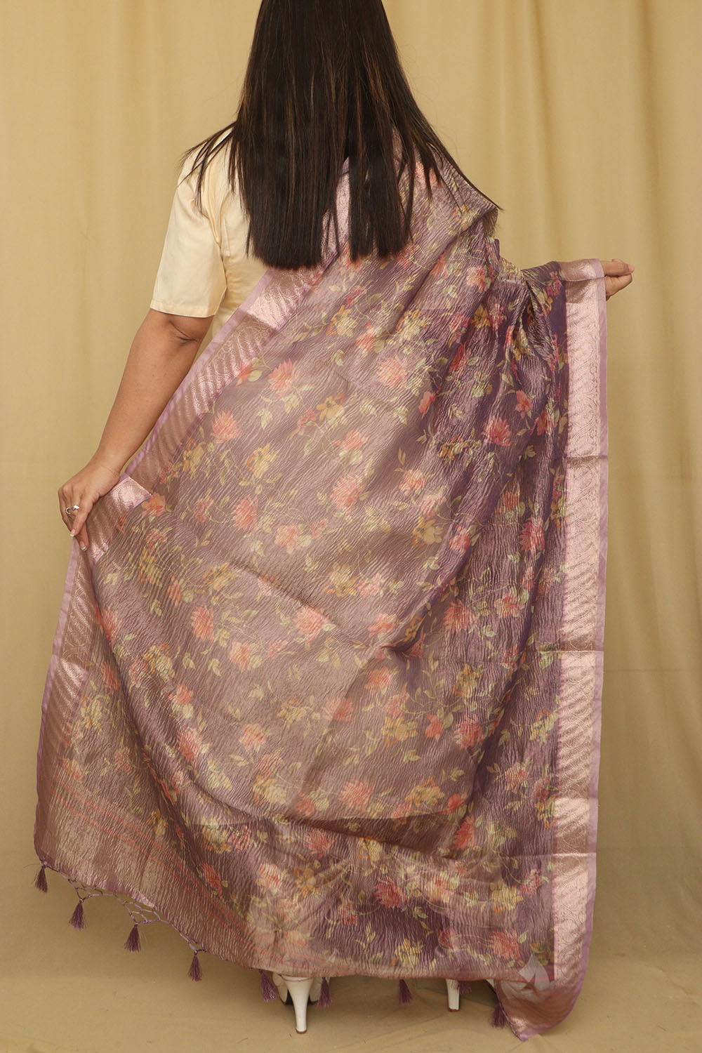 Purple Digital Printed Crushed Tissue Floral Design Dupatta - Luxurion World