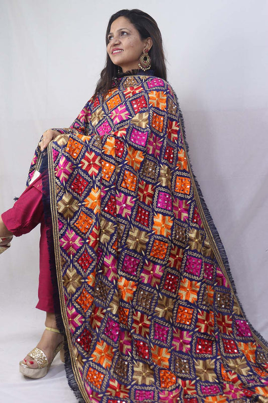 Stunning Blue Phulkari Chinon Dupatta for Elegant Occasions - Luxurion World